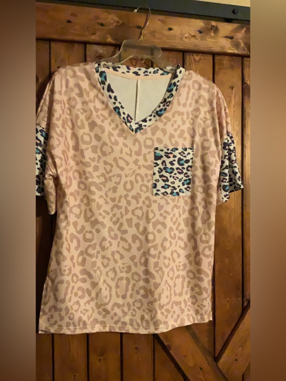Pink Leopard Print V-Neck Top with Contrast Trim